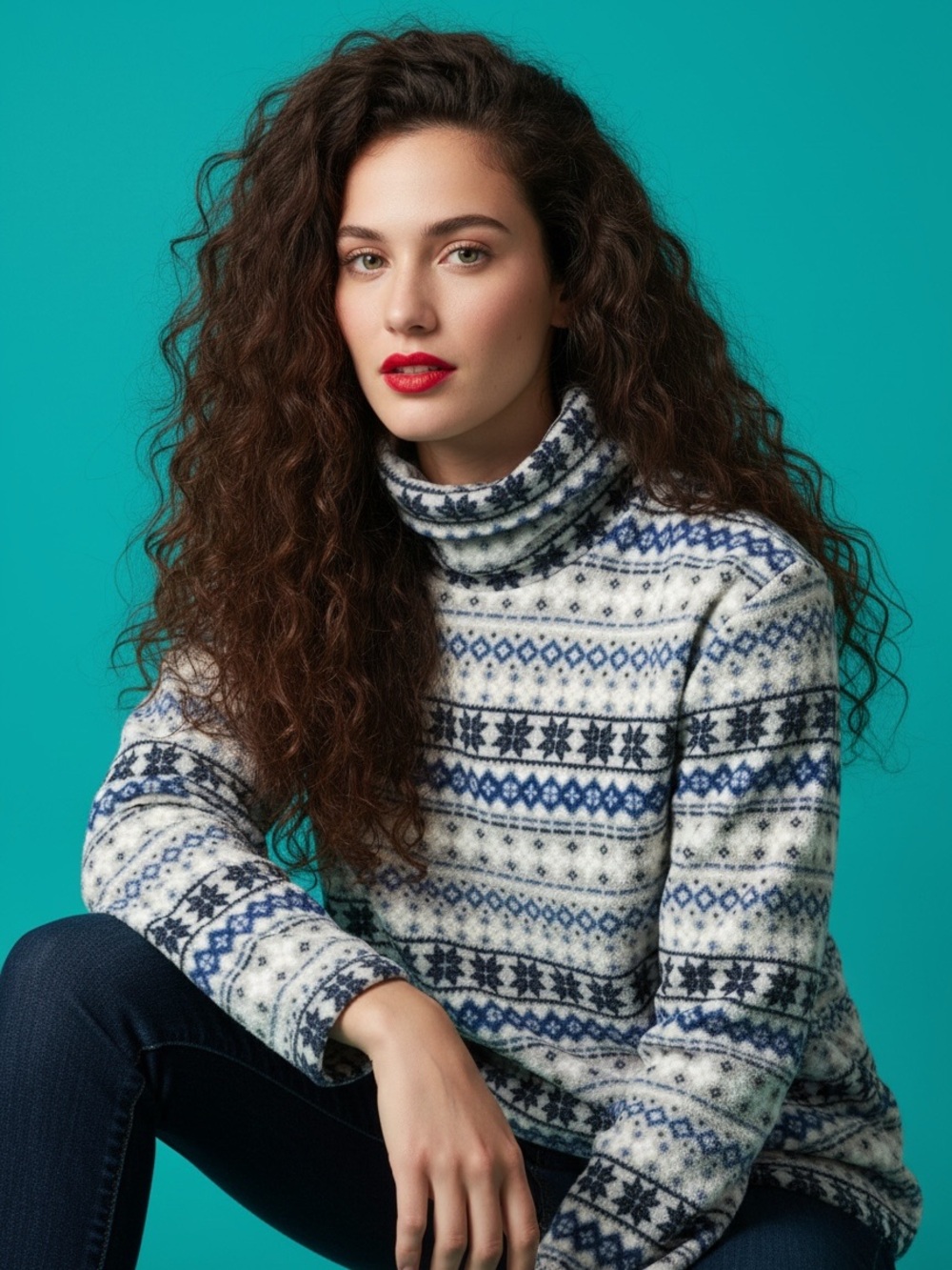 Vintage Closhhi Nordic Fleece Turtleneck Sweater Blue White Fair Isle Size M